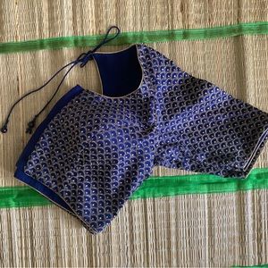 Navy Blue and Gold Embroidered Sequined Readymade Saree Blouse